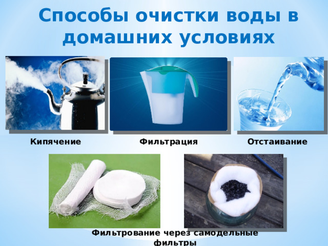 Способы очистки воды в домашних условиях    Кипячение Фильтрация Отстаивание  Фильтрование через самодельные фильтры 