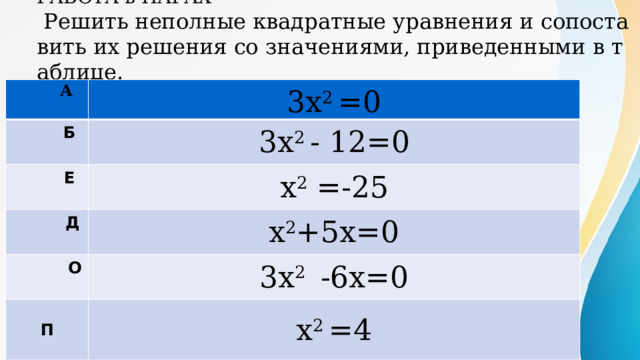 РАБОТА в ПАРАХ   Решить неполные квадратные уравнения и сопоставить их решения со значениями, приведенными в таблице.  А  3х 2 =0  Б  3х 2 - 12=0  Е  Д х 2 =-25   х 2 +5х=0  О  3х 2 -6х=0  П  х 2 =4 