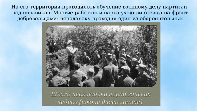 На его территории проводилось обучение военному делу партизан-подпольщиков. Многие работники парка уходили отсюда на фронт добровольцами: неподалеку проходил один из оборонительных рубежей Москвы. 