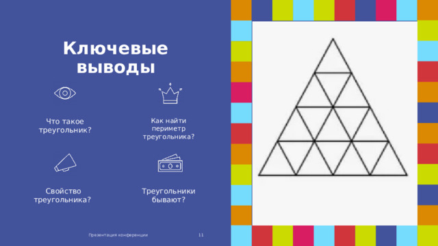 Ключевые выводы Что такое треугольник? Как найти периметр треугольника? Свойство треугольника?  Треугольники бывают? Презентация конференции 1 1 