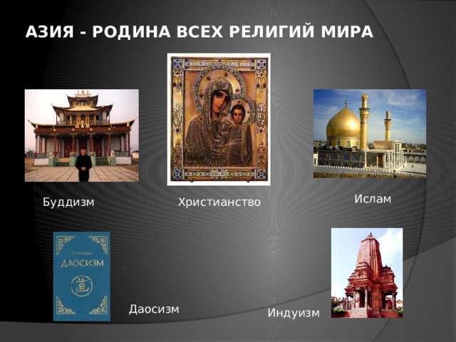 АЗИЯ - РОДИНА ВСЕХ РЕЛИГИЙ МИРА   Ислам Буддизм Христианство Даосизм Индуизм 