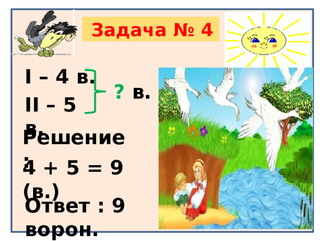  Задача № 4 I – 4 в. ? в. II – 5 в. Решение: 4 + 5 = 9 (в.) Ответ : 9 ворон. 