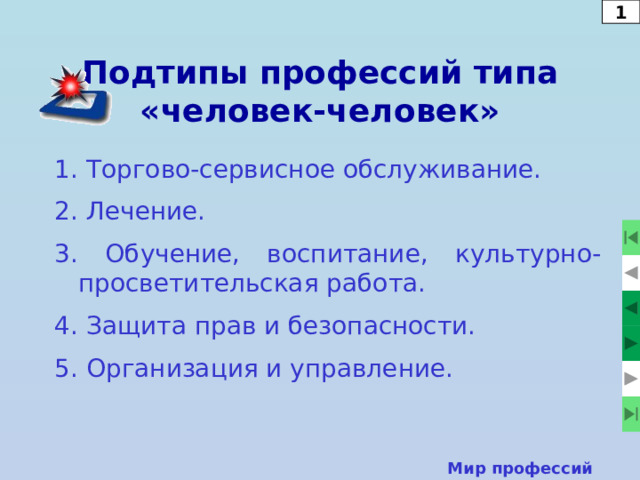 2 Ведущие предметы труда в типах профессий Тип профессий Ведущие предметы труда Человек - человек социальные системы, сообщества, группы населения, люди разного возраста (продавец, учитель, врач, парикмахер и т.д.) Человек - техника техника или неживая природа (слесарь, техник, инженер и т.д.) Человек – знаковая система естественные и искусственные языки, цифры, символы, формулы, т.е. различные знаковые системы (программист, переводчик, чертежник, лингвист) Человек - природа растительные и животные организмы и условия их существования (агроном, зоотехник, ветеринар, микробиолог) Человек – художественный образ явления, факты художественного отображения действительности (художника, артиста, настройщика музыкальных инструментов) Мир профессий  