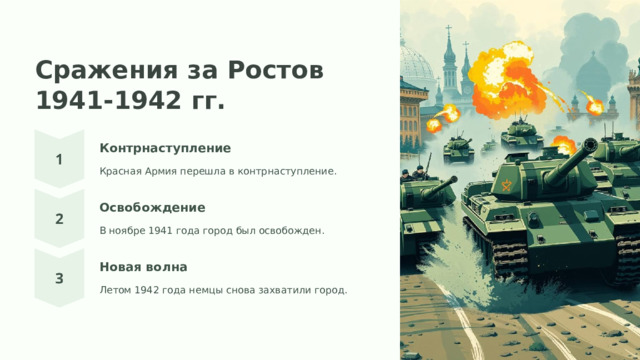 Сражения за Ростов 1941-1942 гг. Контрнаступление Красная Армия перешла в контрнаступление. Освобождение В ноябре 1941 года город был освобожден. Новая волна Летом 1942 года немцы снова захватили город.  
