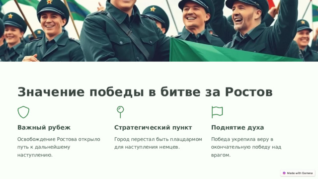 Значение победы в битве за Ростов Важный рубеж Стратегический пункт Поднятие духа Освобождение Ростова открыло путь к дальнейшему наступлению. Город перестал быть плацдармом для наступления немцев. Победа укрепила веру в окончательную победу над врагом.  