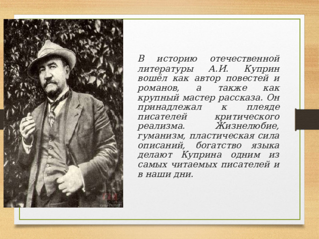  В историю отечественной литературы А.И. Куприн вошёл как автор повестей и романов, а также как крупный мастер рассказа. Он принадлежал к плеяде писателей критического реализма. Жизнелюбие, гуманизм, пластическая сила описаний, богатство языка делают Куприна одним из самых читаемых писателей и в наши дни.  