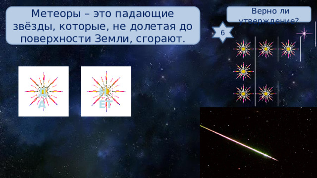 Метеоры – это падающие звёзды, которые, не долетая до поверхности Земли, сгорают.  Верно ли утверждение? 6 ДА НЕТ 