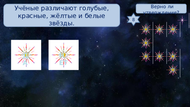 Учёные различают голубые, красные, жёлтые и белые звёзды.  Верно ли утверждение? 8 ДА НЕТ 