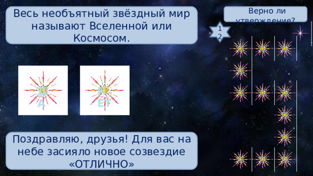  Верно ли утверждение? Весь необъятный звёздный мир называют Вселенной или Космосом. 12 ДА НЕТ Поздравляю, друзья! Для вас на небе засияло новое созвездие «ОТЛИЧНО» 