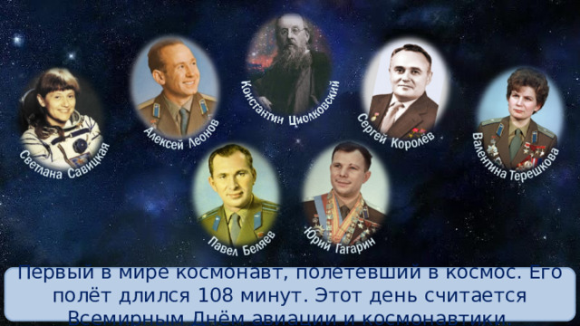 Первый в мире космонавт, полетевший в космос. Его полёт длился 108 минут. Этот день считается Всемирным Днём авиации и космонавтики. 