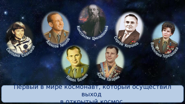 Первый в мире космонавт, который осуществил выход в открытый космос. 