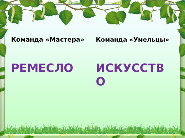  Команда «Умельцы» Команда «Мастера»   РЕМЕСЛО ИСКУССТВО 