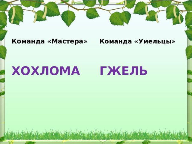  Команда «Умельцы» Команда «Мастера»   ХОХЛОМА ГЖЕЛЬ 