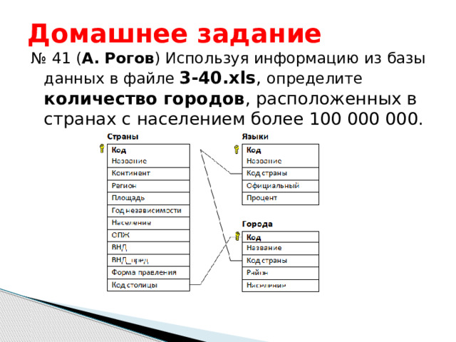 Домашнее задание № 41 ( А. Рогов ) Используя информацию из базы данных в файле 3-40.xls , определите  количество городов , расположенных в странах с населением более 100 000 000. 
