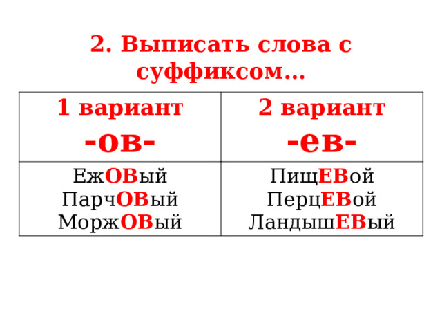 2. Выписать слова с суффиксом… 1 вариант -ов- 2 вариант Еж ОВ ый -ев- Парч ОВ ый Пищ ЕВ ой Перц ЕВ ой Морж ОВ ый Ландыш ЕВ ый  