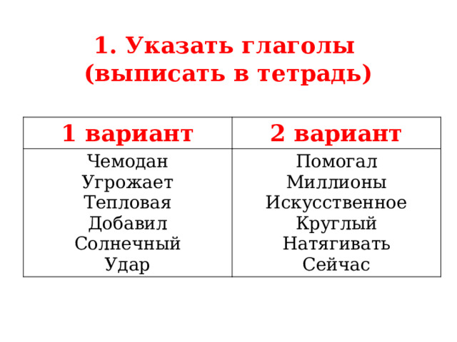 1. Указать глаголы  (выписать в тетрадь) 1 вариант 2 вариант Чемодан Угрожает Помогал Миллионы Тепловая Добавил Искусственное Круглый Солнечный Удар Натягивать Сейчас  