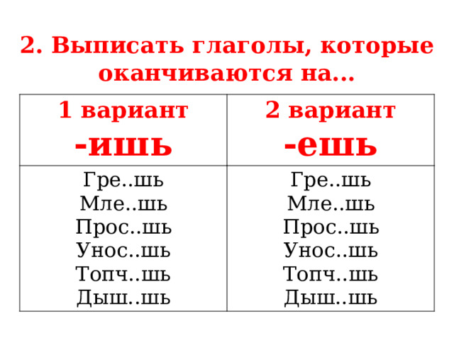 2. Выписать глаголы, которые оканчиваются на... 1 вариант -ишь 2 вариант Гре..шь Гре..шь -ешь Мле..шь Мле..шь Прос..шь Прос..шь Унос..шь Унос..шь Топч..шь Дыш..шь Топч..шь Дыш..шь  