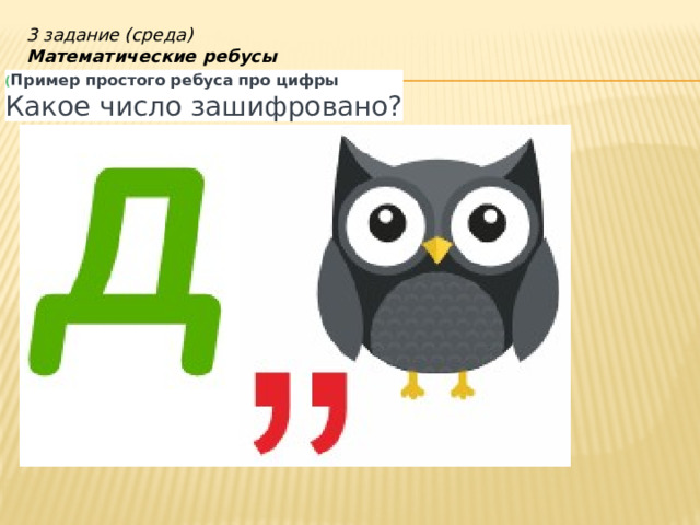 3 задание (среда) Математические ребусы ( Пример простого ребуса про цифры Какое число зашифровано? 