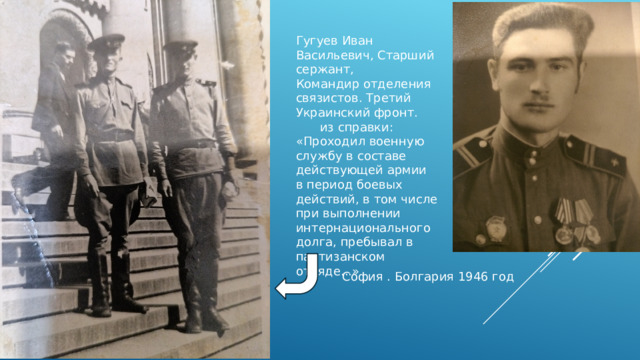Гугуев Иван Васильевич, Старший сержант, Командир отделения связистов. Третий Украинский фронт.  из справки: «Проходил военную службу в составе действующей армии в период боевых действий, в том числе при выполнении интернационального долга, пребывал в партизанском отряде...» Трети София . Болгария 1946 год 