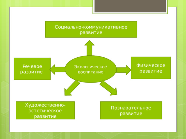 Социально-коммуникативное развитие Экологическое воспитание Физическое развитие Речевое развитие Художественно-эстетическое развитие Познавательное развитие 
