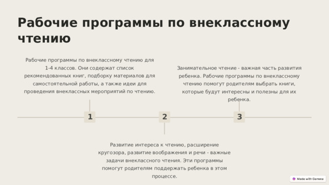  Рабочие программы по внеклассному чтению Рабочие программы по внеклассному чтению для 1-4 классов. Они содержат список рекомендованных книг, подборку материалов для самостоятельной работы, а также идеи для проведения внеклассных мероприятий по чтению. Занимательное чтение - важная часть развития ребенка. Рабочие программы по внеклассному чтению помогут родителям выбрать книги, которые будут интересны и полезны для их ребенка. 1 2 3 Развитие интереса к чтению, расширение кругозора, развитие воображения и речи - важные задачи внеклассного чтения. Эти программы помогут родителям поддержать ребенка в этом процессе. 
