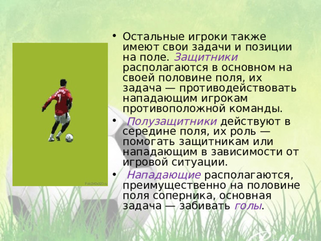 Остальные игроки также имеют свои задачи и позиции на поле. Защитники располагаются в основном на своей половине поля, их задача — противодействовать нападающим игрокам противоположной команды.  Полузащитники действуют в середине поля, их роль — помогать защитникам или нападающим в зависимости от игровой ситуации.  Нападающие располагаются, преимущественно на половине поля соперника, основная задача — забивать голы . 
