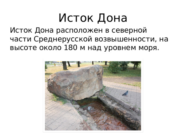 Исток Дона Исток Дона расположен в северной части Среднерусской возвышенности, на высоте около 180 м над уровнем моря. 
