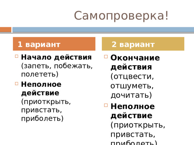  Самопроверка!  1 вариант  2 вариант Начало действия (запеть, побежать, полететь) Неполное действие (приоткрыть, привстать, приболеть) Окончание действия (отцвести, отшуметь, дочитать) Неполное действие (приоткрыть, привстать, приболеть). 