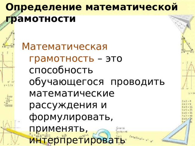 Определение математической  грамотности Математическая грамотность – это способность обучающегося проводить математические рассуждения и формулировать, применять, интерпретировать математику для решения проблем в разнообразных контекстах реального  мира 