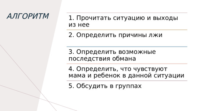 Алгоритм 1. Прочитать ситуацию и выходы из нее 2. Определить причины лжи 3. Определить возможные последствия обмана 4. Определить, что чувствуют мама и ребенок в данной ситуации 5. Обсудить в группах 