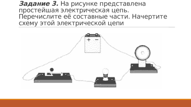 Задание 3.  На рисунке представлена простейшая электрическая цепь. Перечислите её составные части. Начертите схему этой электрической цепи 