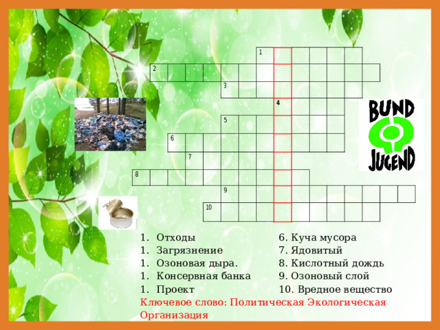 Отходы Загрязнение 6. Куча мусора Озоновая дыра. 7. Ядовитый 8. Кислотный дождь Консервная банка Проект 9. Озоновый слой Ключевое слово: Политическая Экологическая Организация 10. Вредное вещество 