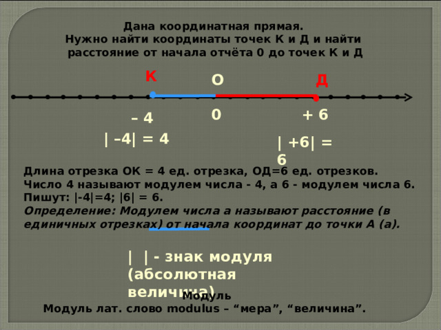 Дана координатная прямая. Нужно найти координаты точек К и Д и найти расстояние от начала отчёта 0 до точек К и Д                                                                                                            К     О Д + 6 0 – 4 | –4 | = 4 | +6 | = 6 Длина отрезка ОК = 4 ед. отрезка, ОД=6 ед. отрезков. Число 4 называют модулем числа - 4, а 6 - модулем числа 6. Пишут: |-4|=4; |6| = 6. Определение: Модулем числа а называют расстояние (в единичных отрезках) от начала координат до точки А (а). |  | - знак модуля (абсолютная величина) Модуль Модуль лат. слово modulus – “мера”, “величина”.  