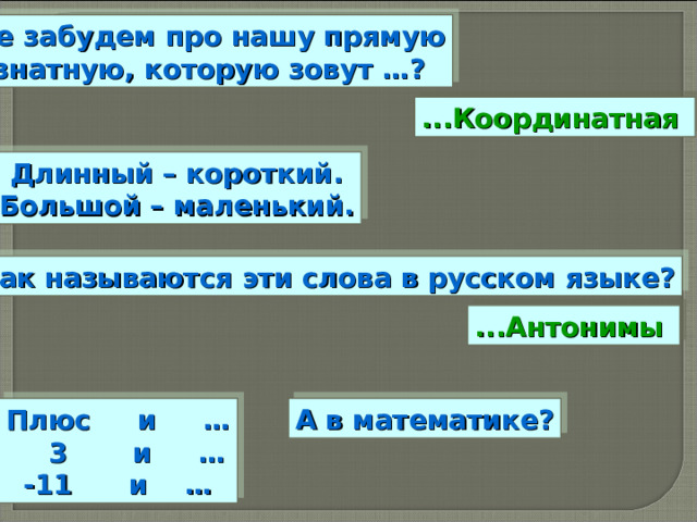 Не забудем про нашу прямую  знатную, которую зовут …? ...Координатная  Длинный – короткий. Большой – маленький. Как называются эти слова в русском языке? ...Антонимы А в математике? Плюс и …  3 и … -11 и … 