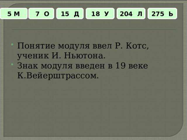 15 Д 18 У  7 О 204 Л 275 Ь 5 М Понятие модуля ввел Р. Котс, ученик И. Ньютона. Знак модуля введен в 19 веке К.Вейерштрассом.   