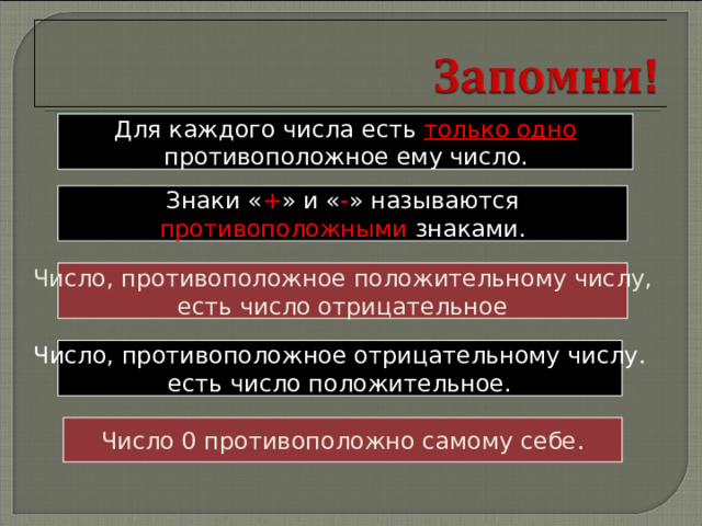 Для каждого числа есть только одно  противоположное ему число.  Знаки « + » и « - » называются противоположными знаками. Число, противоположное положительному числу, есть число отрицательное Число, противоположное отрицательному числу. есть число положительное. Число 0 противоположно самому себе . 