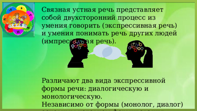 Связная устная речь представляет собой двухсторонний процесс из умения говорить (экспрессивная речь) и умения понимать речь других людей (импрессивная речь). Различают два вида экспрессивной формы речи: диалогическую и монологическую. Независимо от формы (монолог, диалог) основным условием формирования устной речи является связность. 