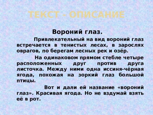 ТЕКСТ - ОПИСАНИЕ Вороний глаз.  Привлекательный на вид вороний глаз встречается в тенистых лесах, в зарослях оврагов, по берегам лесных рек и озёр.  На одинаковом прямом стебле четыре расположенных друг против друга листочка. Между ними одна иссиня-чёрная ягода, похожая на зоркий глаз большой птицы.  Вот и дали ей название «вороний глаз». Красивая ягода. Но не вздумай взять её в рот. 
