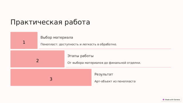  Практическая работа Выбор материала 1 Пенопласт: доступность и легкость в обработке. Этапы работы 2 От выбора материалов до финальной отделки. Результат 3 Арт-объект из пенопласта 