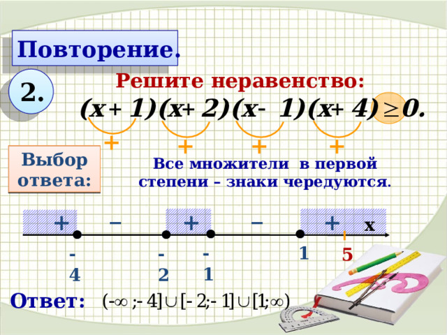 Повторение. Решите неравенство:   2.  + + + + Смена знака: Выбор ответа: Первый знак: Все множители в первой степени – знаки чередуются . _ _ + + + x  1 -1 -2 -4  5 Ответ: 