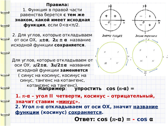  Правила:  1. Функция в правой части равенства берется с тем же знаком, какой имеет исходная функция , если 0 ±α , 2  ± α название исходной функции сохраняется .   Для углов, которые откладываем от оси ОУ,  /2±α , 3  /2±α название исходной функции заменяется ( синус на косинус, косинус на синус, тангенс на котангенс, котангенс на тангенс). Например : упростить cos (  -α) = 1.  -α – угол II четверти, косинус – отрицательный, значит ставим « минус ». 2. Угол  -α откладываем от оси ОХ, значит название  функции (косинус) сохраняется . Ответ: cos (  -α) = -  cos α 10 