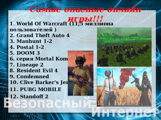 Самые опасные онлайн игры!!!   1 .  World Of Warcraft (11,5 миллиона пользователей )  2. Grand Theft Auto 4  3. Manhunt 1-2  4. Postal 1-2  5. DOOM 3  6.  серия Mortal Kombat  7. Lineage 2  8. Resident Evil 4  9. Condemned  10. Clive Barker’s Jericho 11. PUBG MOBILE 12. Standoff 2  