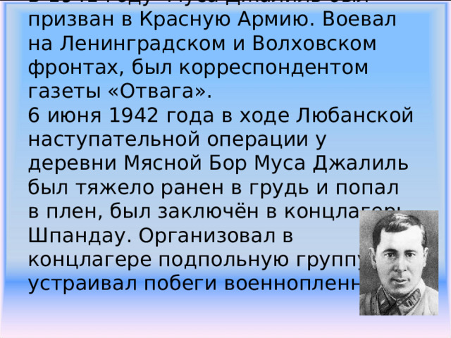 В 1941 году Муса Джалиль был призван в Красную Армию. Воевал на Ленинградском и Волховском фронтах, был корреспондентом газеты «Отвага».  6 июня 1942 года в ходе Любанской наступательной операции у деревни Мясной Бор Муса Джалиль был тяжело ранен в грудь и попал в плен, был заключён в концлагерь Шпандау. Организовал в концлагере подпольную группу, устраивал побеги военнопленных. 