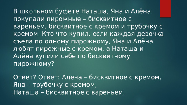 В школьном буфете Наташа, Яна и Алёна покупали пирожные – бисквитное с вареньем, бисквитное с кремом и трубочку с кремом. Кто что купил, если каждая девочка съела по одному пирожному, Яна и Алёна любят пирожные с кремом, а Наташа и Алёна купили себе по бисквитному пирожному? Ответ? Ответ: Алена – бисквитное с кремом, Яна – трубочку с кремом, Наташа – бисквитное с вареньем. 