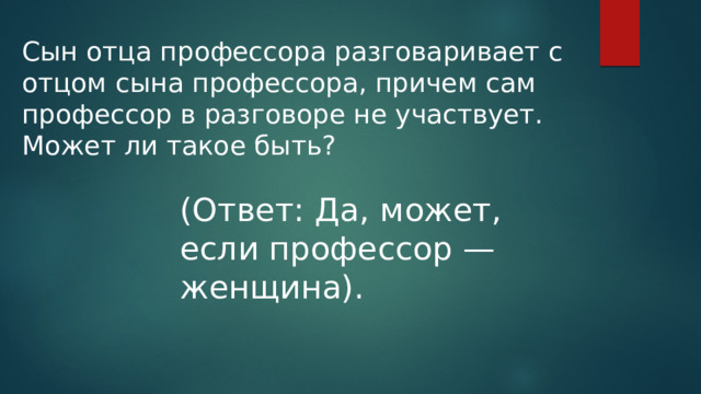 Сын отца профессора разговаривает с отцом сына профессора, причем сам профессор в разговоре не участвует. Может ли такое быть? (Ответ: Да, может, если профессор — женщина). 