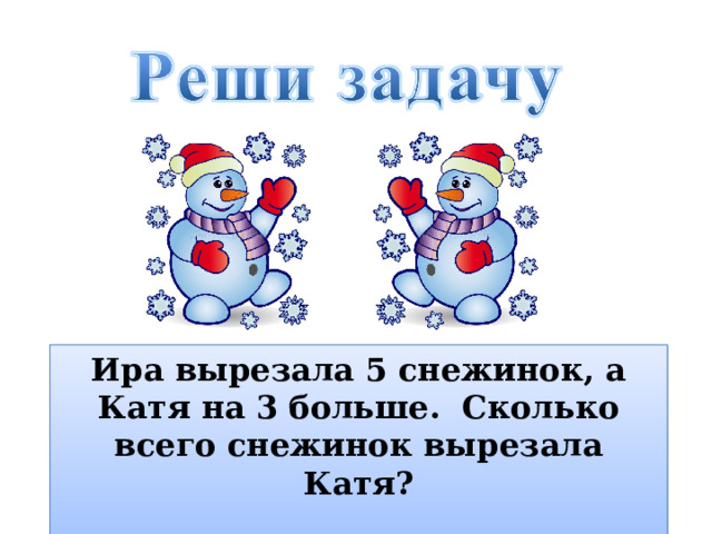 Ира вырезала 5 снежинок, а Катя на 3 больше. Сколько всего снежинок вырезала Катя?  