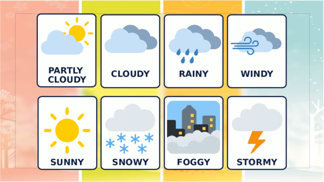 PARTLY CLOUDY CLOUDY RAINY WINDY SUNNY FOGGY SNOWY STORMY 