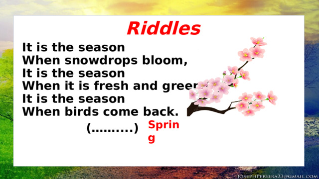 Riddles It is the season  When snowdrops bloom,  It is the season  When it is fresh and green,  It is the season  When birds come back.       (……....)  Spring 