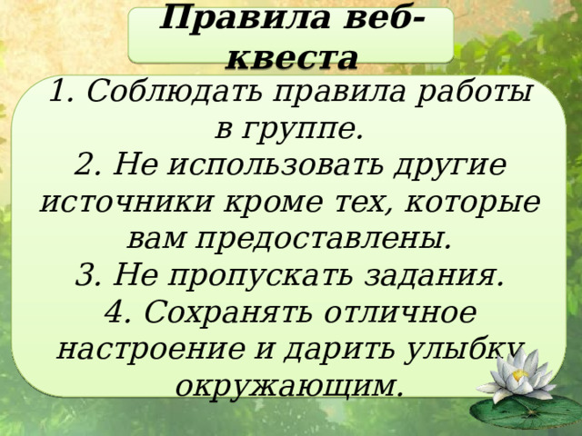 Правила веб-квеста 1. Соблюдать правила работы в группе. 2. Не использовать другие источники кроме тех, которые вам предоставлены. 3. Не пропускать задания. 4. Сохранять отличное настроение и дарить улыбку окружающим. 