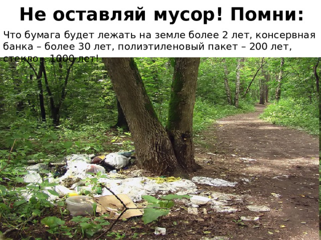  Не оставляй мусор! Помни: Что бумага будет лежать на земле более 2 лет, консервная банка – более 30 лет, полиэтиленовый пакет – 200 лет, стекло – 1000 лет! 